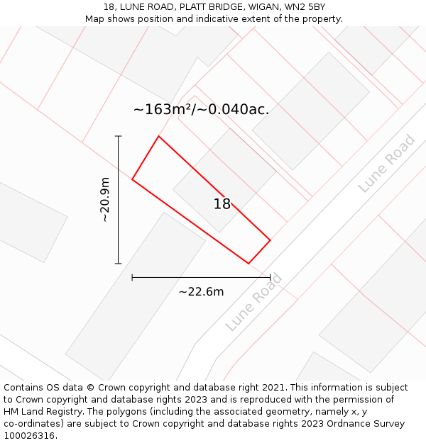 18, LUNE ROAD, PLATT BRIDGE, WIGAN, WN2 5BY: Plot and title map