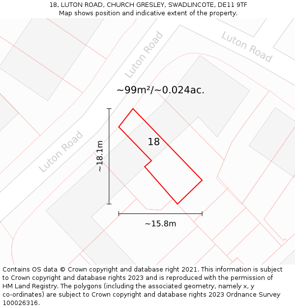 18, LUTON ROAD, CHURCH GRESLEY, SWADLINCOTE, DE11 9TF: Plot and title map