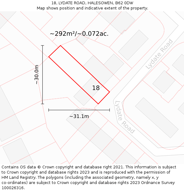 18, LYDATE ROAD, HALESOWEN, B62 0DW: Plot and title map