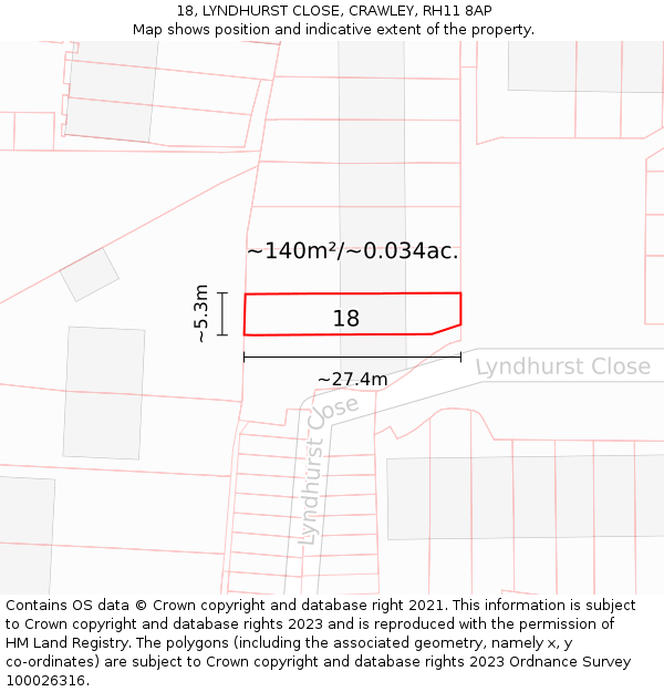 18, LYNDHURST CLOSE, CRAWLEY, RH11 8AP: Plot and title map