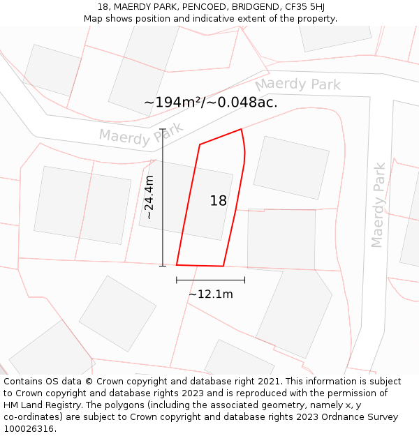 18, MAERDY PARK, PENCOED, BRIDGEND, CF35 5HJ: Plot and title map