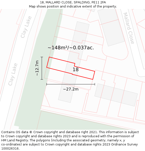 18, MALLARD CLOSE, SPALDING, PE11 2FA: Plot and title map