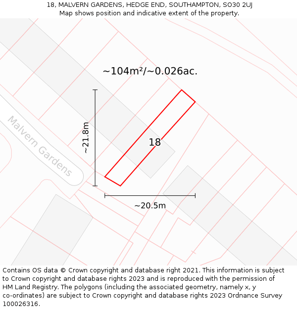 18, MALVERN GARDENS, HEDGE END, SOUTHAMPTON, SO30 2UJ: Plot and title map