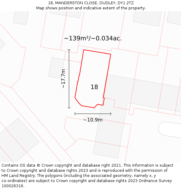 18, MANDERSTON CLOSE, DUDLEY, DY1 2TZ: Plot and title map