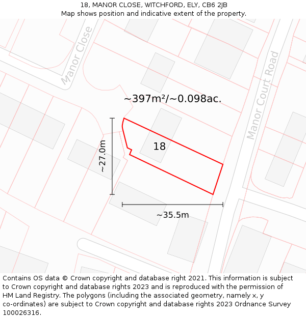 18, MANOR CLOSE, WITCHFORD, ELY, CB6 2JB: Plot and title map