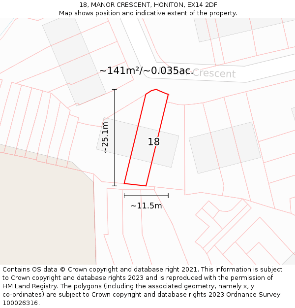 18, MANOR CRESCENT, HONITON, EX14 2DF: Plot and title map