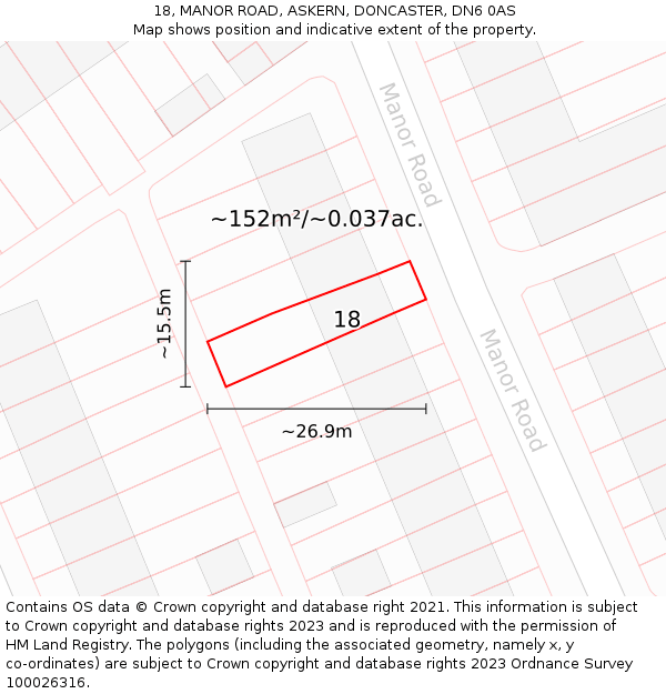 18, MANOR ROAD, ASKERN, DONCASTER, DN6 0AS: Plot and title map