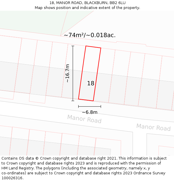 18, MANOR ROAD, BLACKBURN, BB2 6LU: Plot and title map