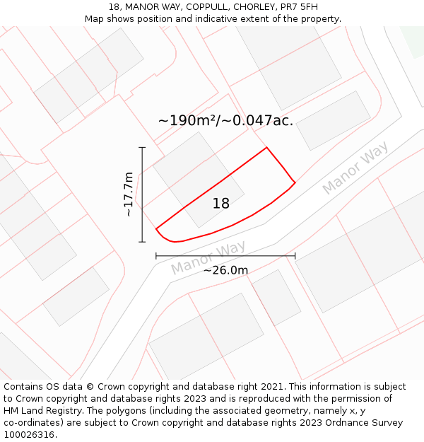 18, MANOR WAY, COPPULL, CHORLEY, PR7 5FH: Plot and title map