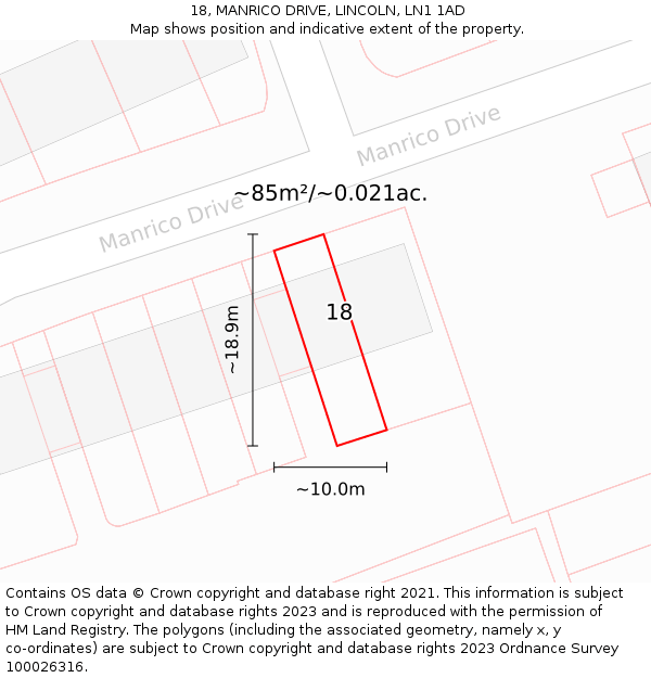 18, MANRICO DRIVE, LINCOLN, LN1 1AD: Plot and title map