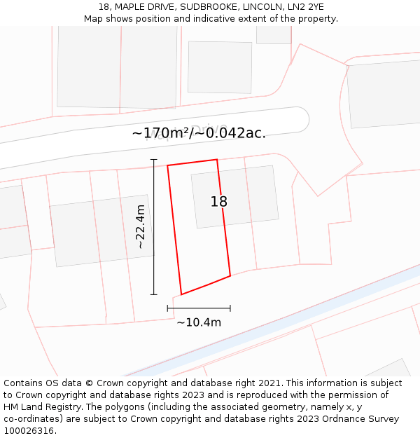 18, MAPLE DRIVE, SUDBROOKE, LINCOLN, LN2 2YE: Plot and title map