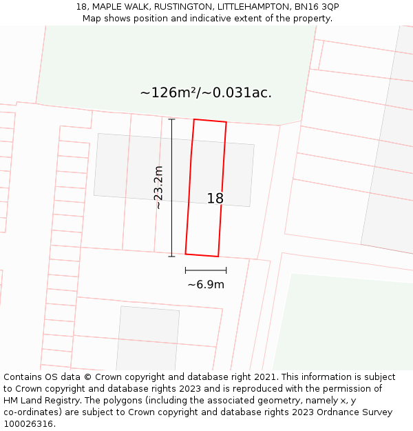 18, MAPLE WALK, RUSTINGTON, LITTLEHAMPTON, BN16 3QP: Plot and title map