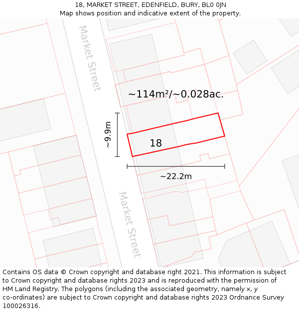 18, MARKET STREET, EDENFIELD, BURY, BL0 0JN: Plot and title map
