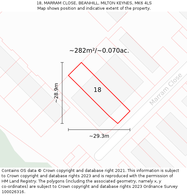 18, MARRAM CLOSE, BEANHILL, MILTON KEYNES, MK6 4LS: Plot and title map