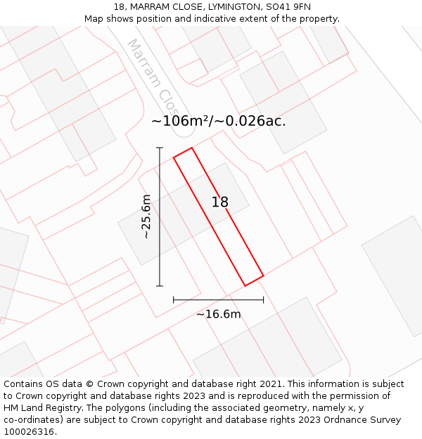 18, MARRAM CLOSE, LYMINGTON, SO41 9FN: Plot and title map