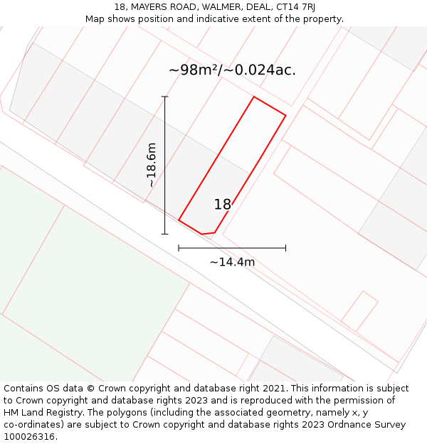 18, MAYERS ROAD, WALMER, DEAL, CT14 7RJ: Plot and title map