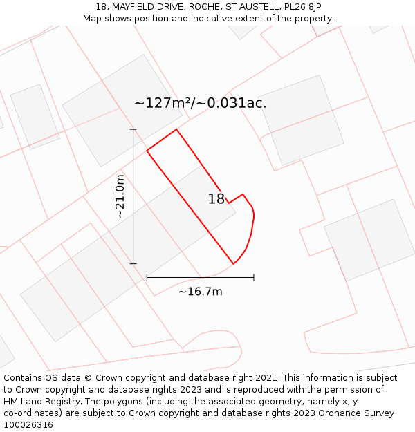 18, MAYFIELD DRIVE, ROCHE, ST AUSTELL, PL26 8JP: Plot and title map