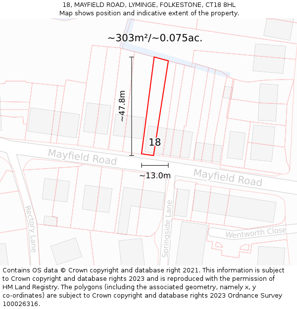 18, MAYFIELD ROAD, LYMINGE, FOLKESTONE, CT18 8HL: Plot and title map