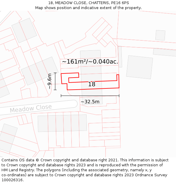 18, MEADOW CLOSE, CHATTERIS, PE16 6PS: Plot and title map