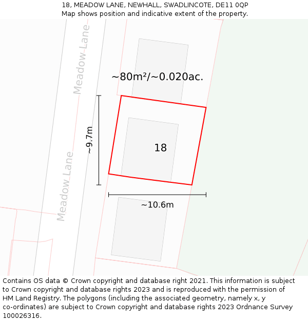 18, MEADOW LANE, NEWHALL, SWADLINCOTE, DE11 0QP: Plot and title map