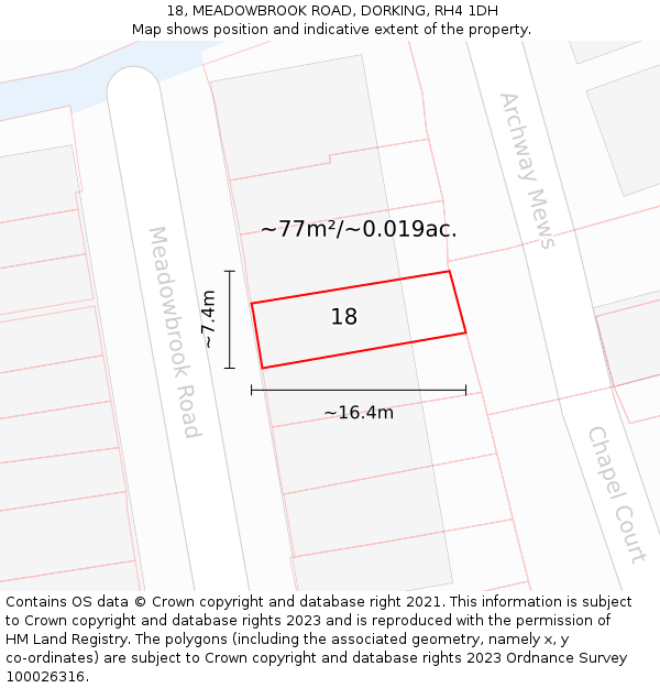 18, MEADOWBROOK ROAD, DORKING, RH4 1DH: Plot and title map