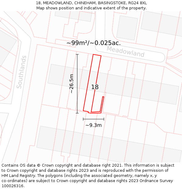 18, MEADOWLAND, CHINEHAM, BASINGSTOKE, RG24 8XL: Plot and title map