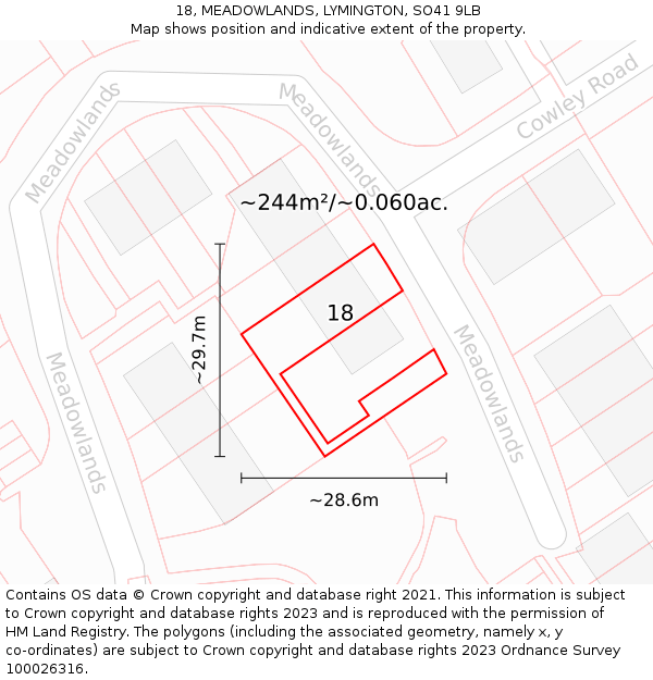 18, MEADOWLANDS, LYMINGTON, SO41 9LB: Plot and title map