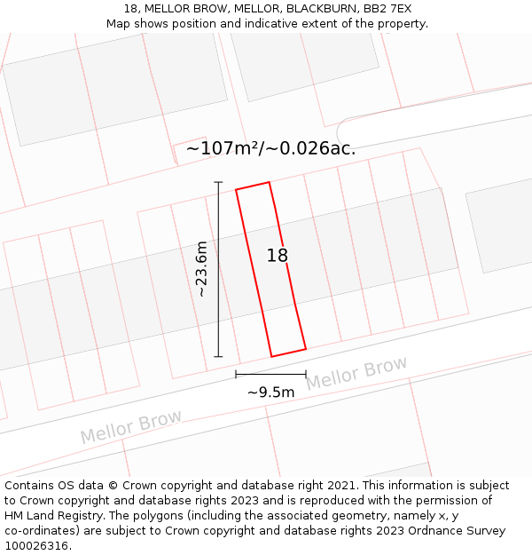 18, MELLOR BROW, MELLOR, BLACKBURN, BB2 7EX: Plot and title map