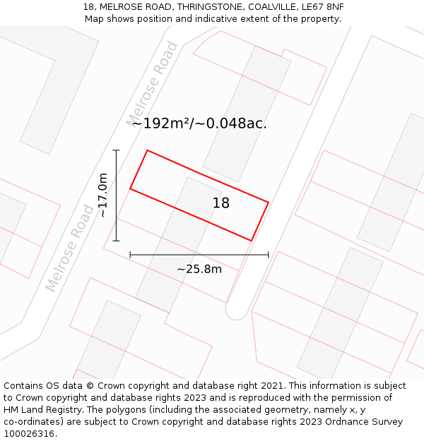 18, MELROSE ROAD, THRINGSTONE, COALVILLE, LE67 8NF: Plot and title map