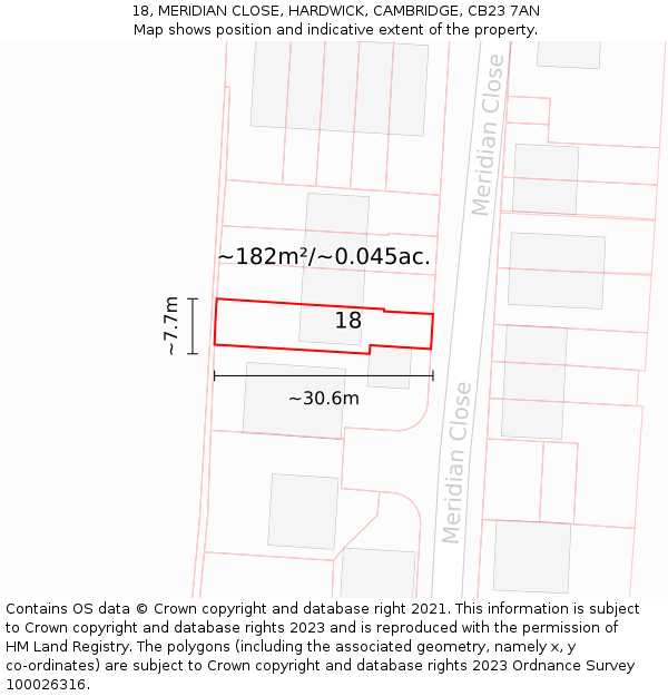 18, MERIDIAN CLOSE, HARDWICK, CAMBRIDGE, CB23 7AN: Plot and title map