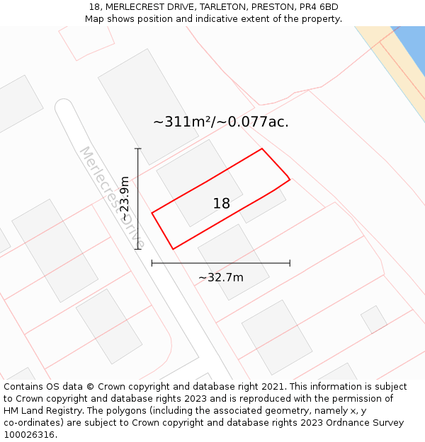 18, MERLECREST DRIVE, TARLETON, PRESTON, PR4 6BD: Plot and title map