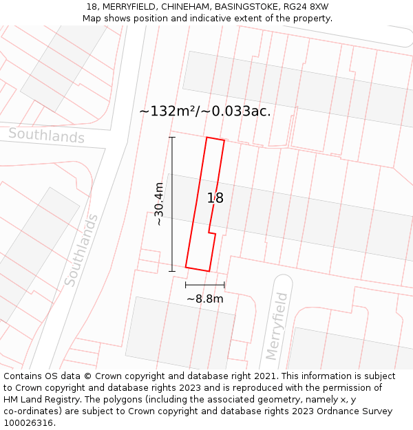 18, MERRYFIELD, CHINEHAM, BASINGSTOKE, RG24 8XW: Plot and title map