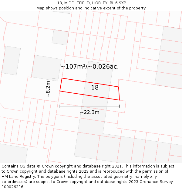 18, MIDDLEFIELD, HORLEY, RH6 9XP: Plot and title map