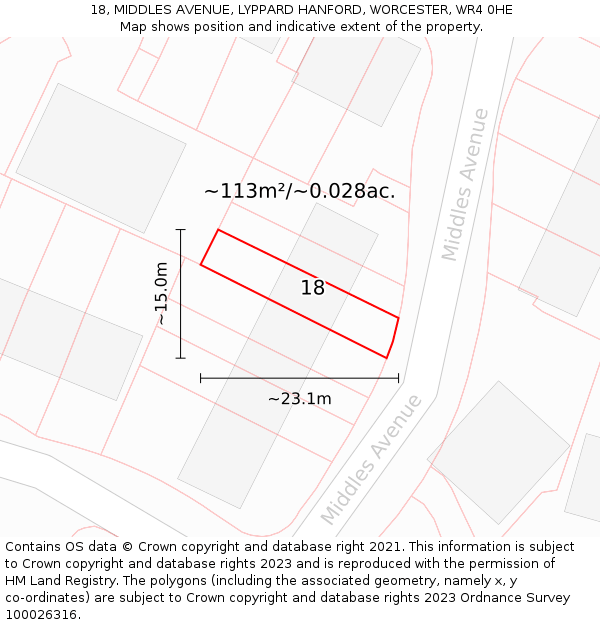 18, MIDDLES AVENUE, LYPPARD HANFORD, WORCESTER, WR4 0HE: Plot and title map