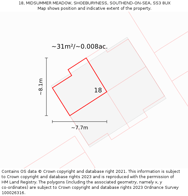 18, MIDSUMMER MEADOW, SHOEBURYNESS, SOUTHEND-ON-SEA, SS3 8UX: Plot and title map