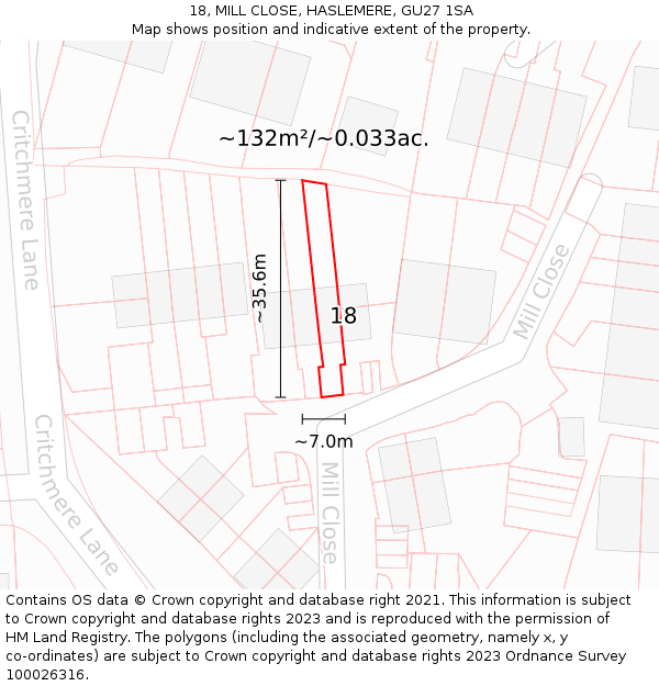 18, MILL CLOSE, HASLEMERE, GU27 1SA: Plot and title map