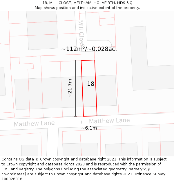 18, MILL CLOSE, MELTHAM, HOLMFIRTH, HD9 5JQ: Plot and title map