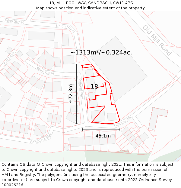 18, MILL POOL WAY, SANDBACH, CW11 4BS: Plot and title map