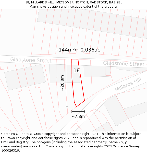 18, MILLARDS HILL, MIDSOMER NORTON, RADSTOCK, BA3 2BL: Plot and title map
