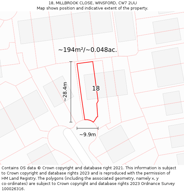 18, MILLBROOK CLOSE, WINSFORD, CW7 2UU: Plot and title map
