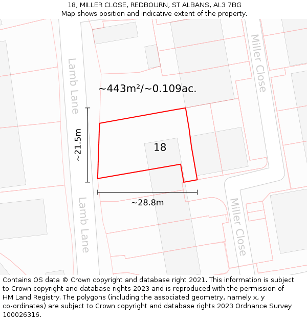 18, MILLER CLOSE, REDBOURN, ST ALBANS, AL3 7BG: Plot and title map