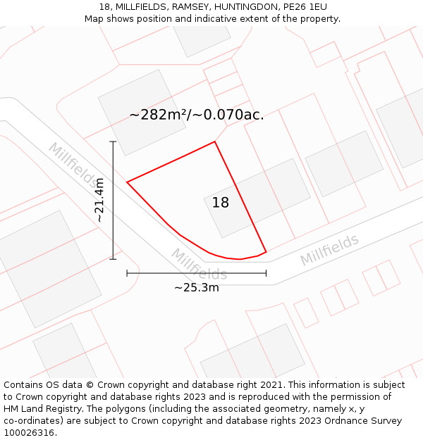 18, MILLFIELDS, RAMSEY, HUNTINGDON, PE26 1EU: Plot and title map