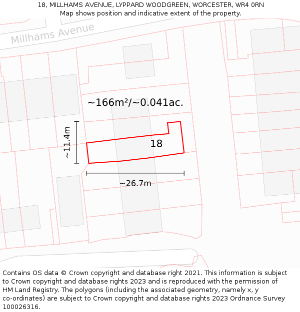 18, MILLHAMS AVENUE, LYPPARD WOODGREEN, WORCESTER, WR4 0RN: Plot and title map