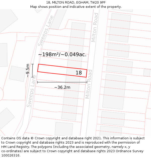 18, MILTON ROAD, EGHAM, TW20 9PF: Plot and title map