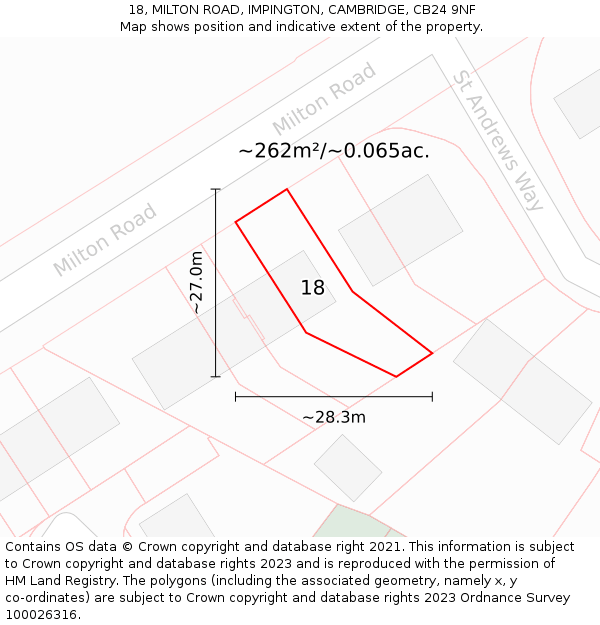 18, MILTON ROAD, IMPINGTON, CAMBRIDGE, CB24 9NF: Plot and title map