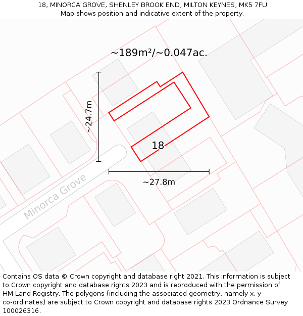 18, MINORCA GROVE, SHENLEY BROOK END, MILTON KEYNES, MK5 7FU: Plot and title map