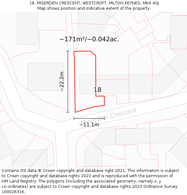 18, MISERDEN CRESCENT, WESTCROFT, MILTON KEYNES, MK4 4GJ: Plot and title map