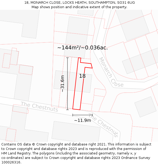18, MONARCH CLOSE, LOCKS HEATH, SOUTHAMPTON, SO31 6UG: Plot and title map