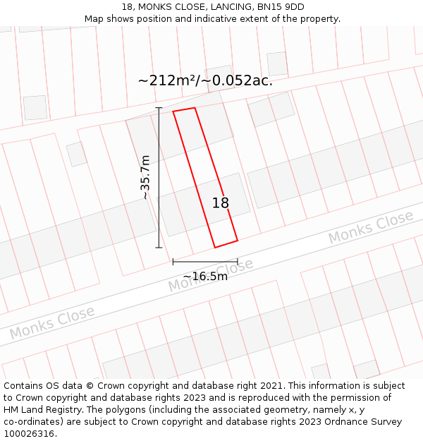 18, MONKS CLOSE, LANCING, BN15 9DD: Plot and title map