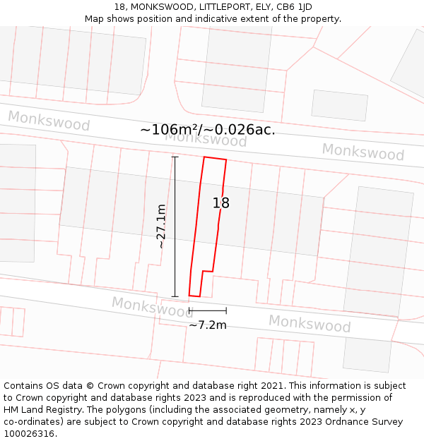 18, MONKSWOOD, LITTLEPORT, ELY, CB6 1JD: Plot and title map